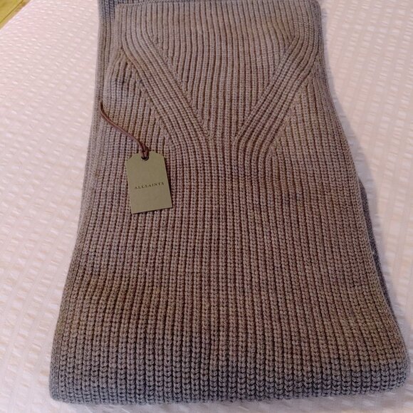 NWT ALL SAINTS WOOL BLEND TRAVELLING RIB KNIT GREY SCARF - Picture 1 of 9